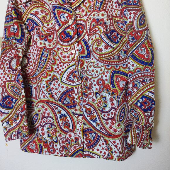 Vintage 70s LauraMae Red Blue Paisley Textured Polyester Disco Blouse Large Boho - Picture 4 of 9